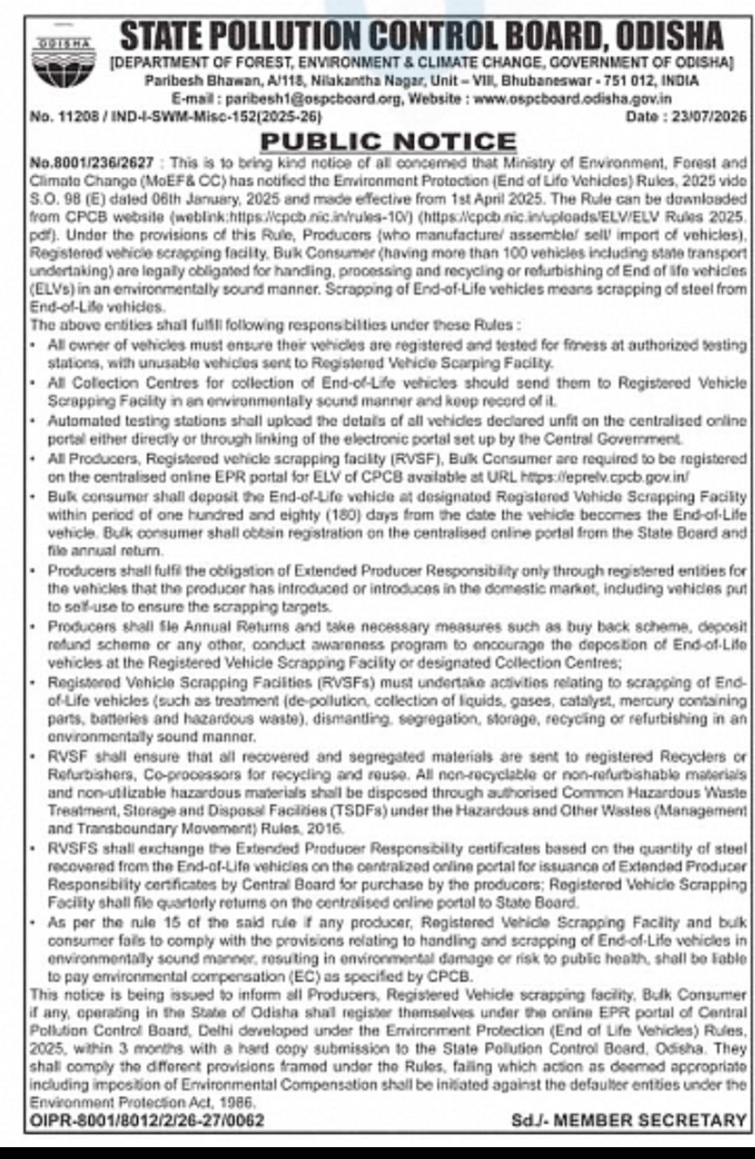 Public Notice – End-of-Life Vehicles (ELV) Rules 2025 Compliance in Odisha