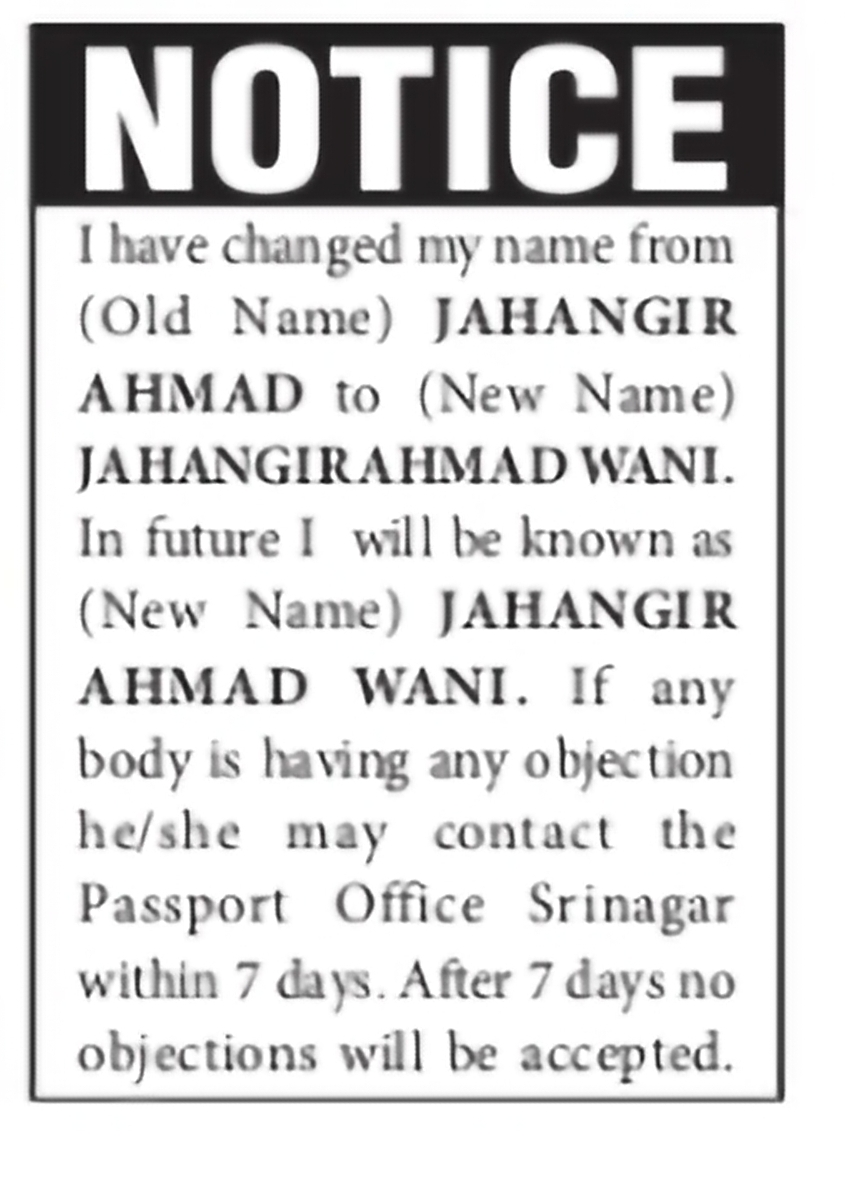 Public Notice for Change of Name Jahangir Ahmad to Jahangir Ahmad Wani.