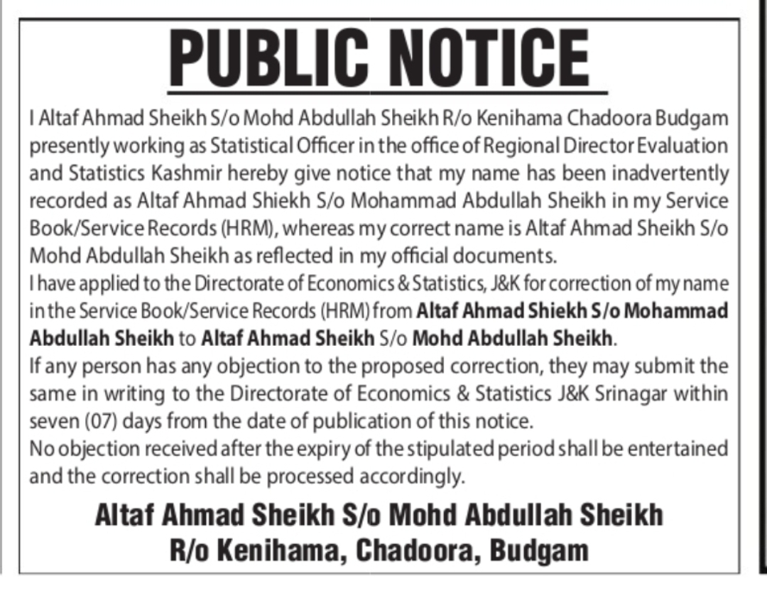 Public Notice for Correction of Name in Service Records