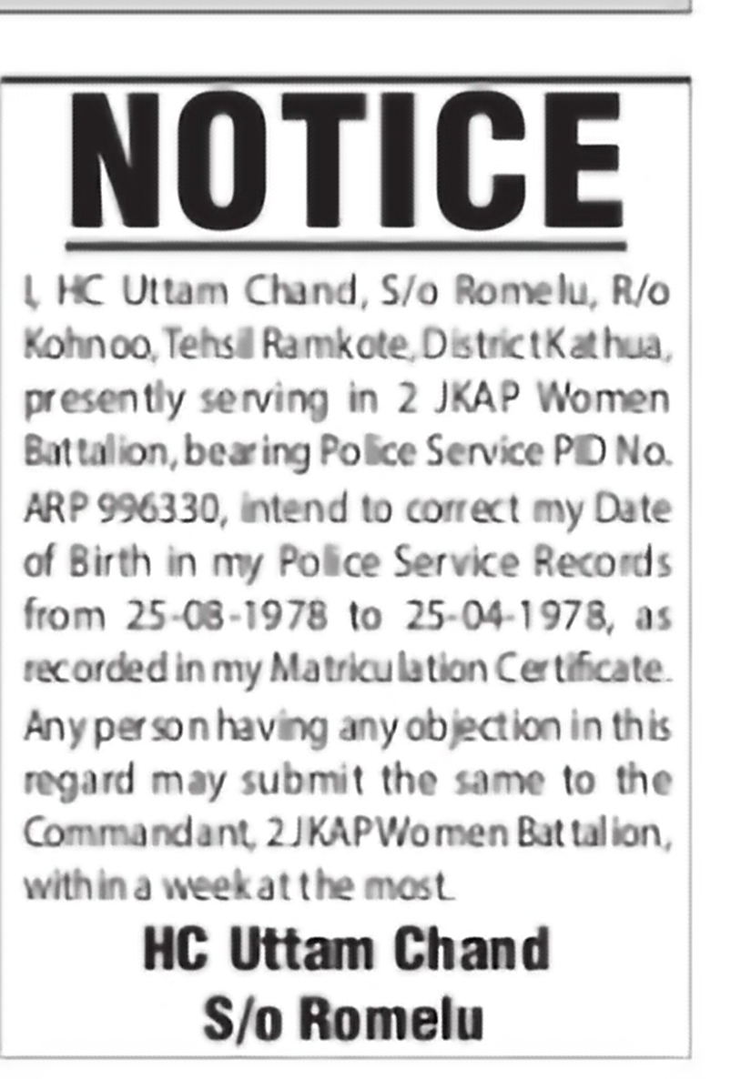 Public Notice for Date of Birth Correction in Police Records HC Uttam Chand