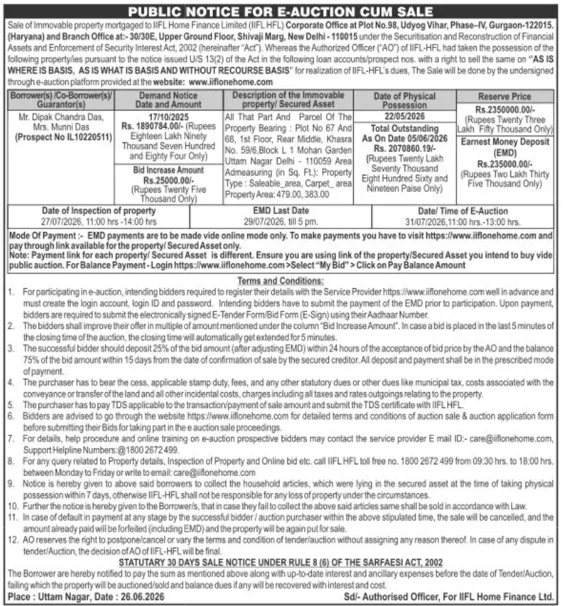 PUBLIC NOTICE FOR E-AUCTION CUM SALE Under SARFAESI Act, 2002 – Rule 8(6) Sale Notice