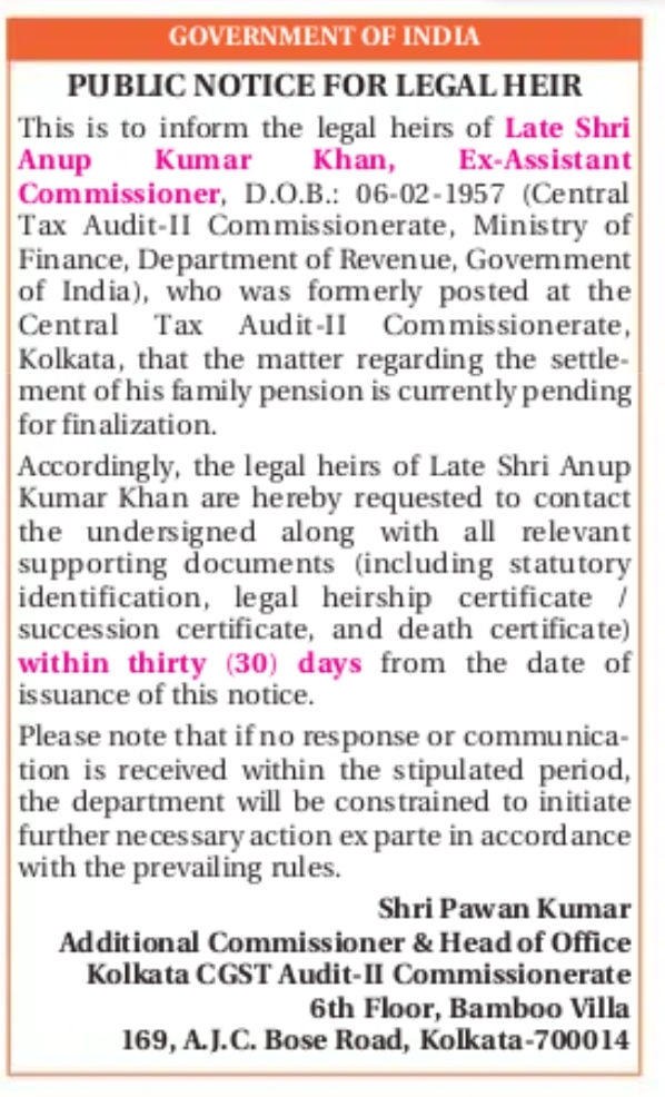 PUBLIC NOTICE FOR LEGAL HEIRS