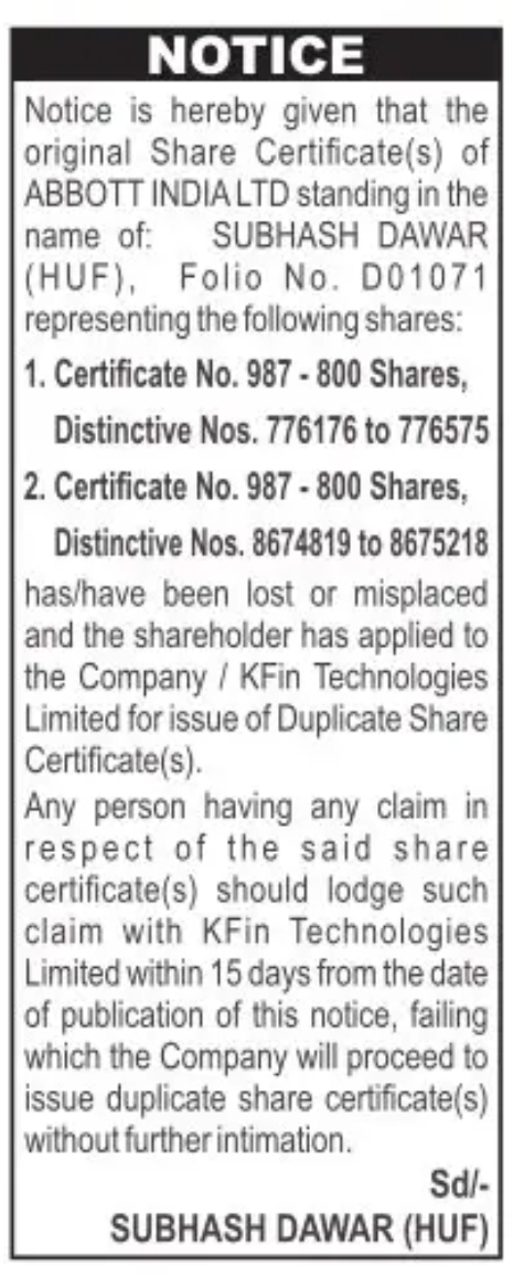 Public Notice for Loss of Share Certificates and Application for Duplicate Shares (Abbott India Ltd.)