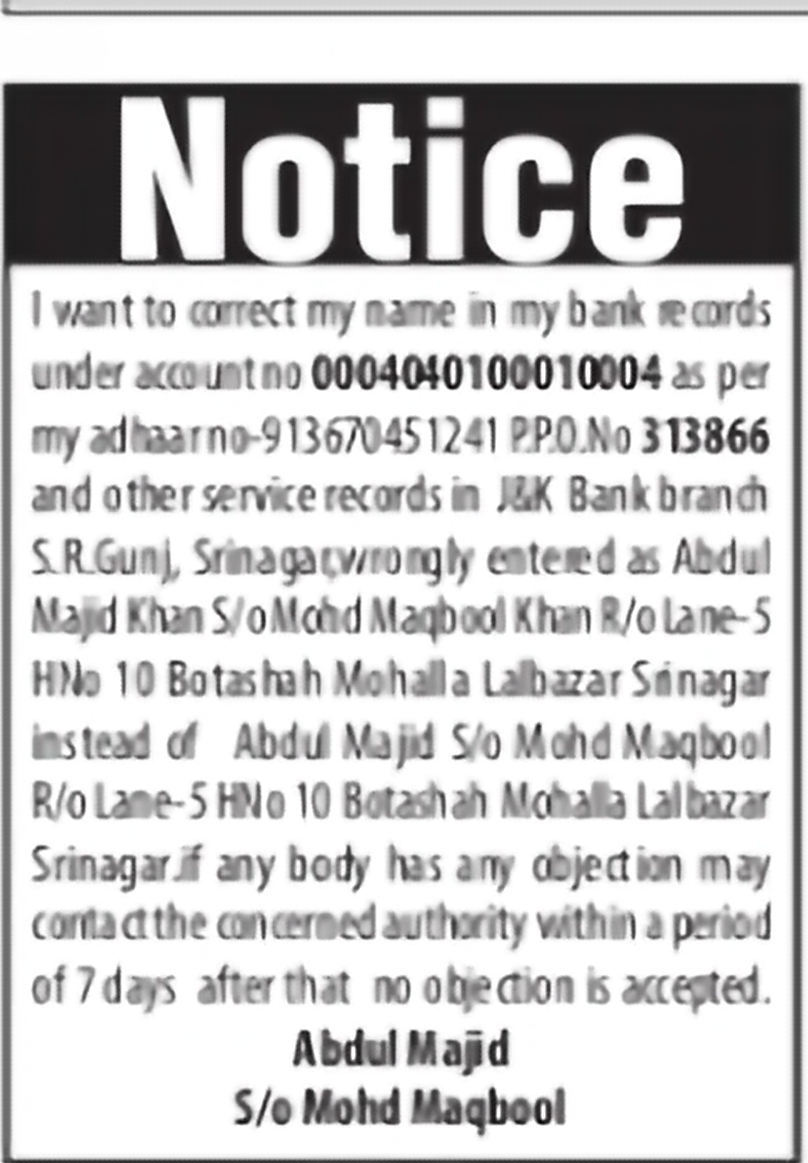 Public Notice for Name Correction in Bank Records Abdul Majd