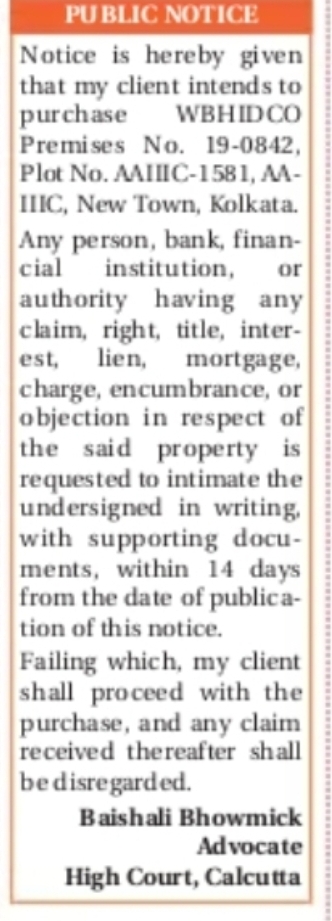 Public Notice for Property Purchase – New Town, Kolkata