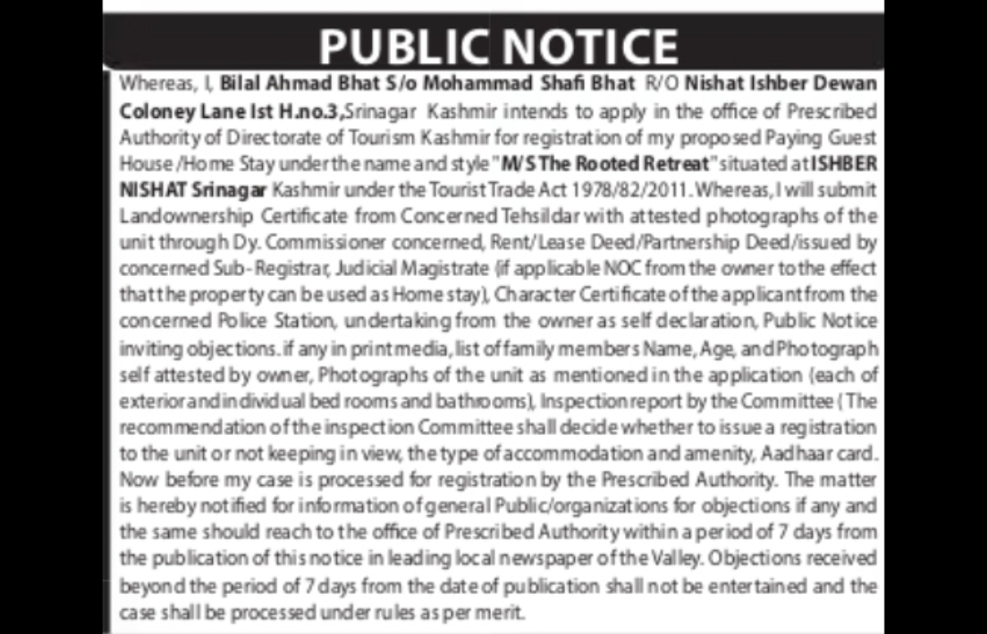 Public Notice for Registration of Proposed Paying Guest House / Home Stay – Srinagar, Kashmir
