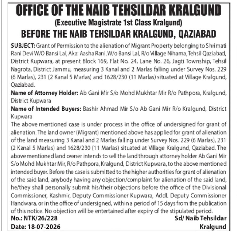 Public Notice for Sale of Migrant Property at Kralgund, Kupwara