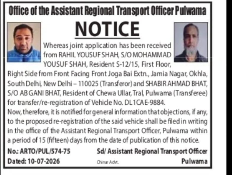 Public Notice for Vehicle Re-Registration – Pulwama
