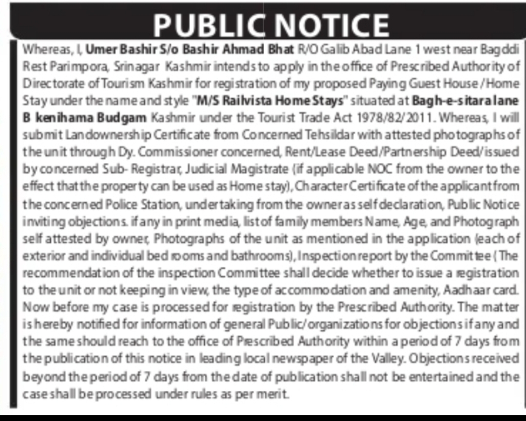 Public Notice – Home Stay Registration (Kashmir Tourism)