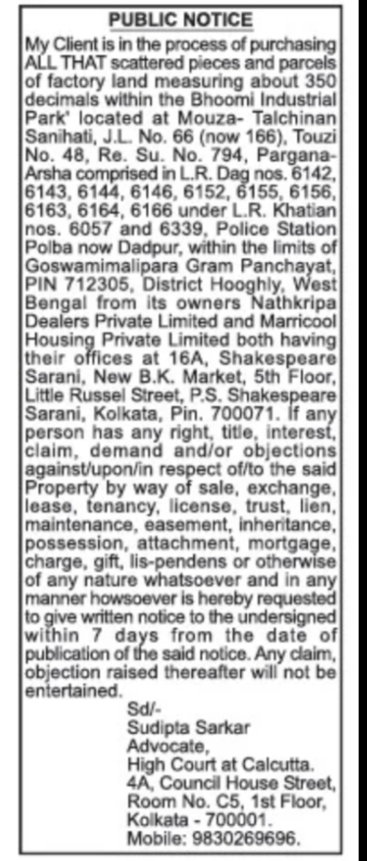 PUBLIC NOTICE – INDUSTRIAL PROPERTY PURCHASE
