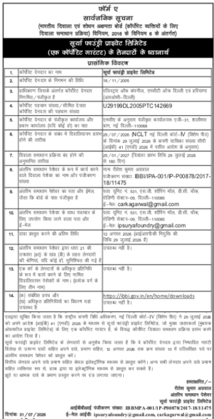 Public Notice – Insolvency Process of Surya Foundry Private Limited (Corporate Guarantor)