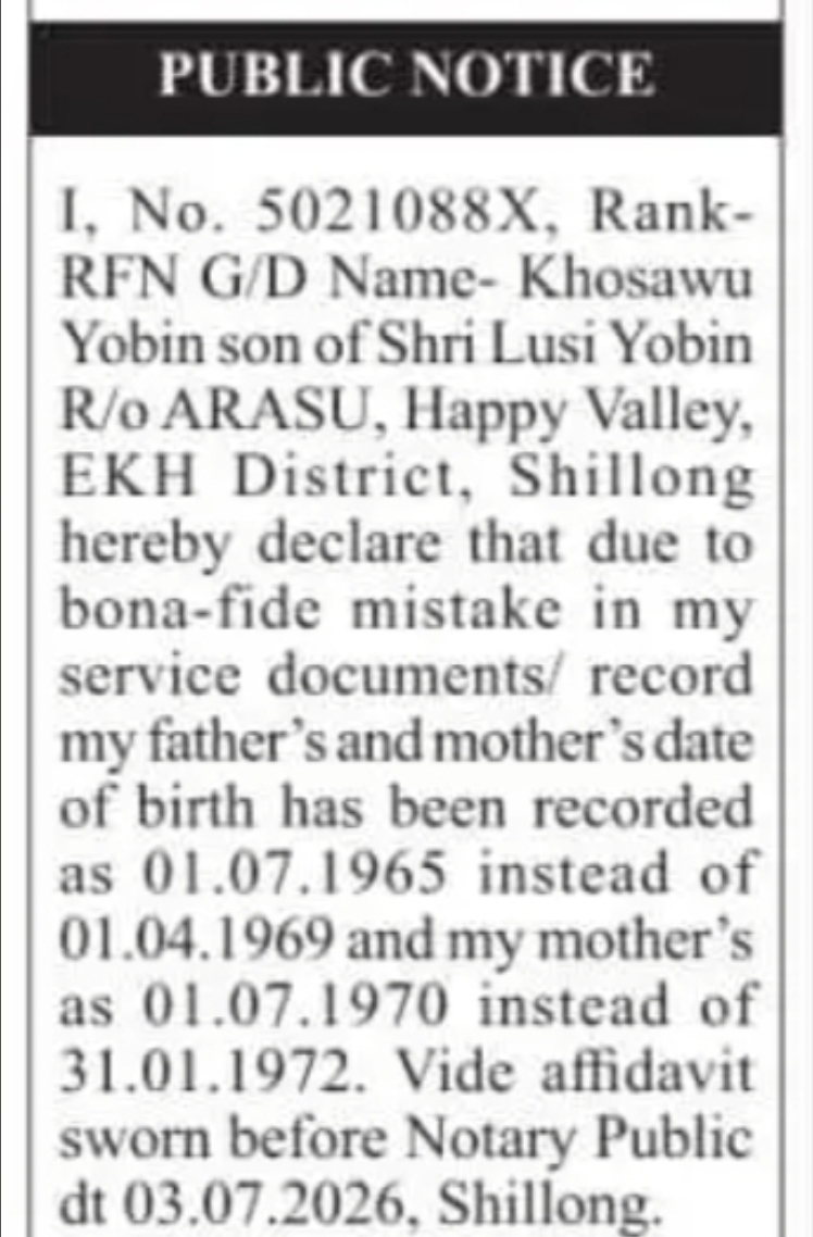 Public Notice – Khosawu Yobin (Service Record Correction)