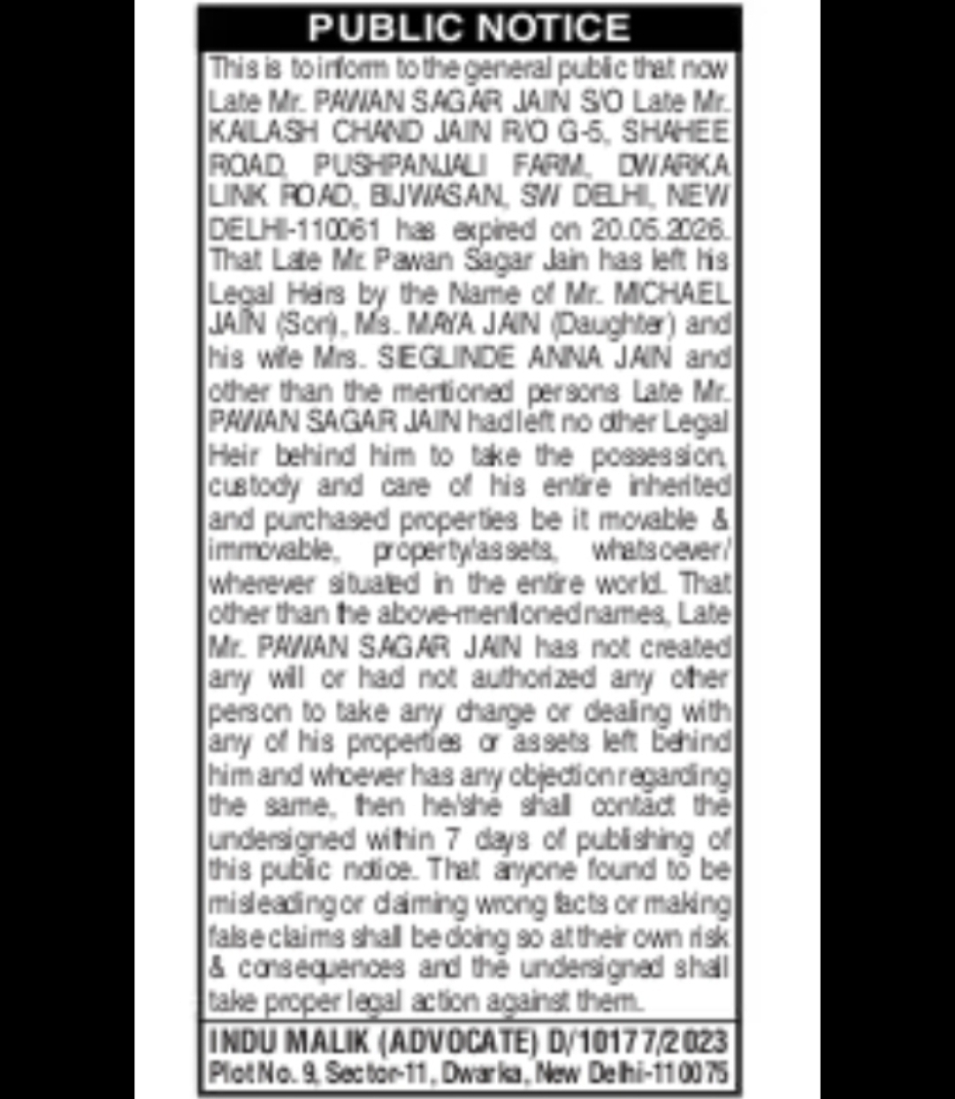 PUBLIC NOTICE LEGAL HEIR AND CLAIM INTIMATION