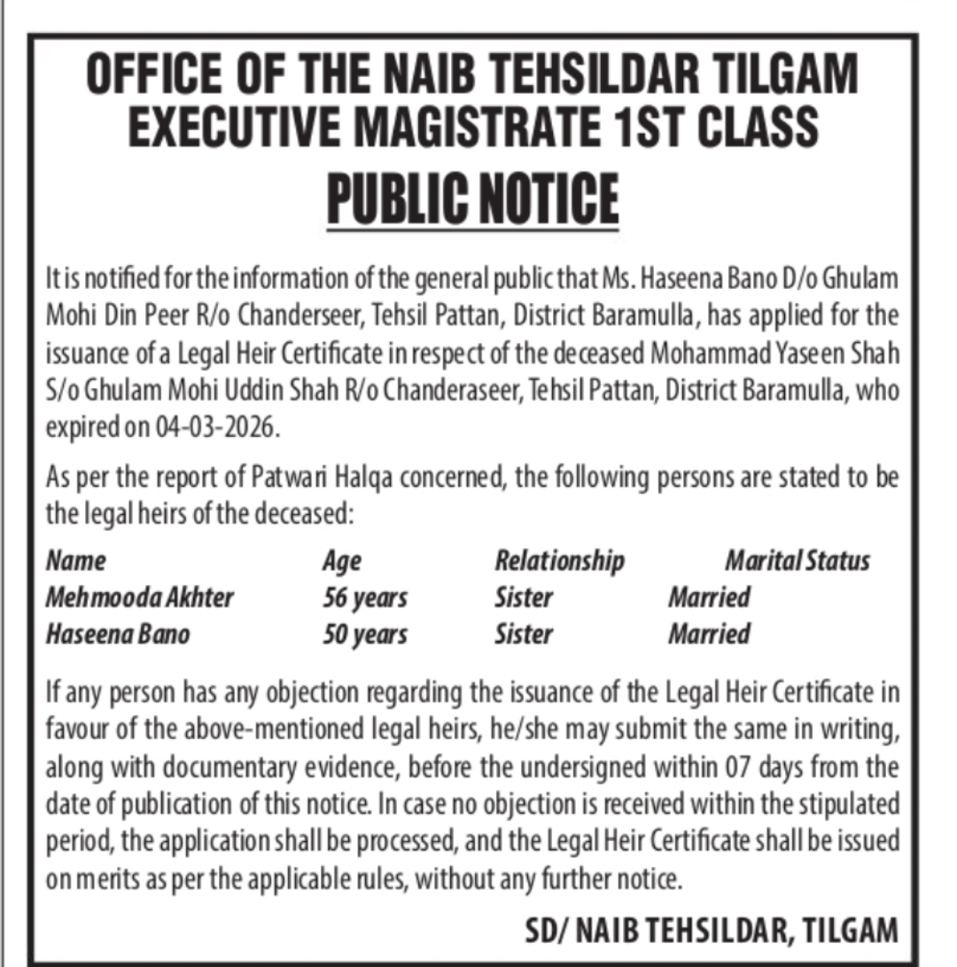 Public Notice – Legal Heir Certificate Application