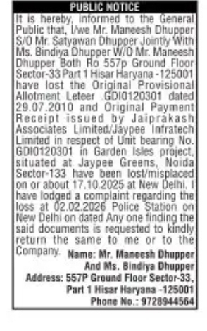 PUBLIC NOTICE – Loss of Allotment Letter and Payment Receipt (Jaypee Project)