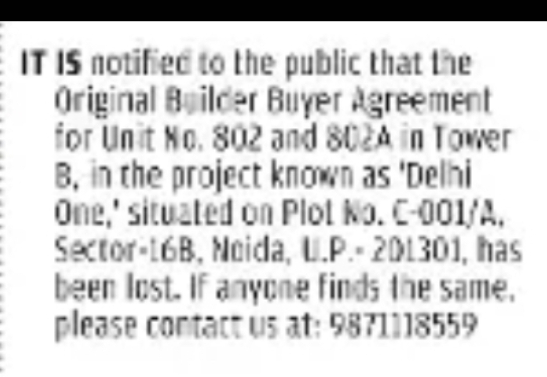 PUBLIC NOTICE – LOSS OF BUILDER BUYER AGREEMENT