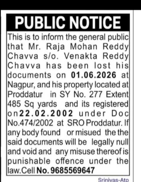 PUBLIC NOTICE – LOSS OF DOCUMENTS AND PROPERTY DETAILS