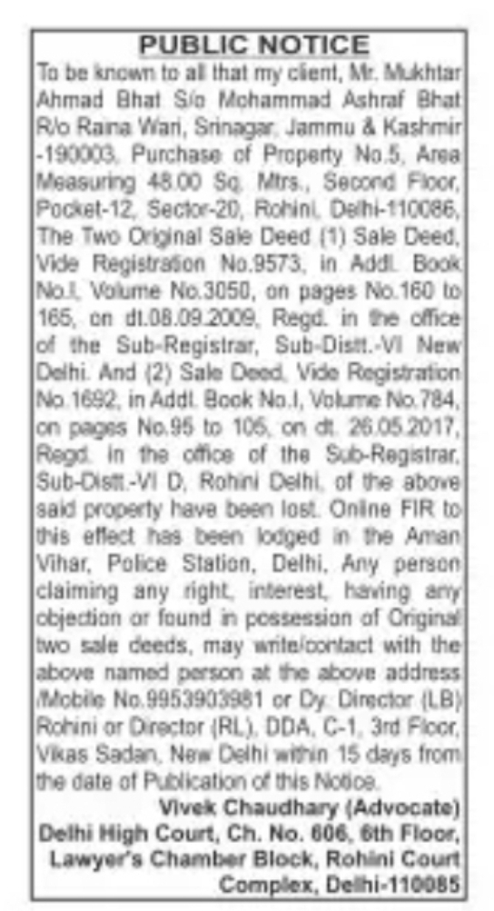PUBLIC NOTICE – LOSS OF ORIGINAL SALE DEEDS (DELHI / NEW DELHI PROPERTY)