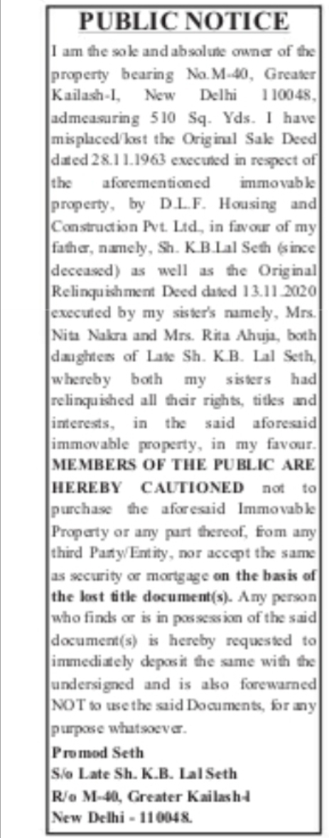 Public Notice – Loss of Property Documents (Greater Kailash-I, New Delhi)