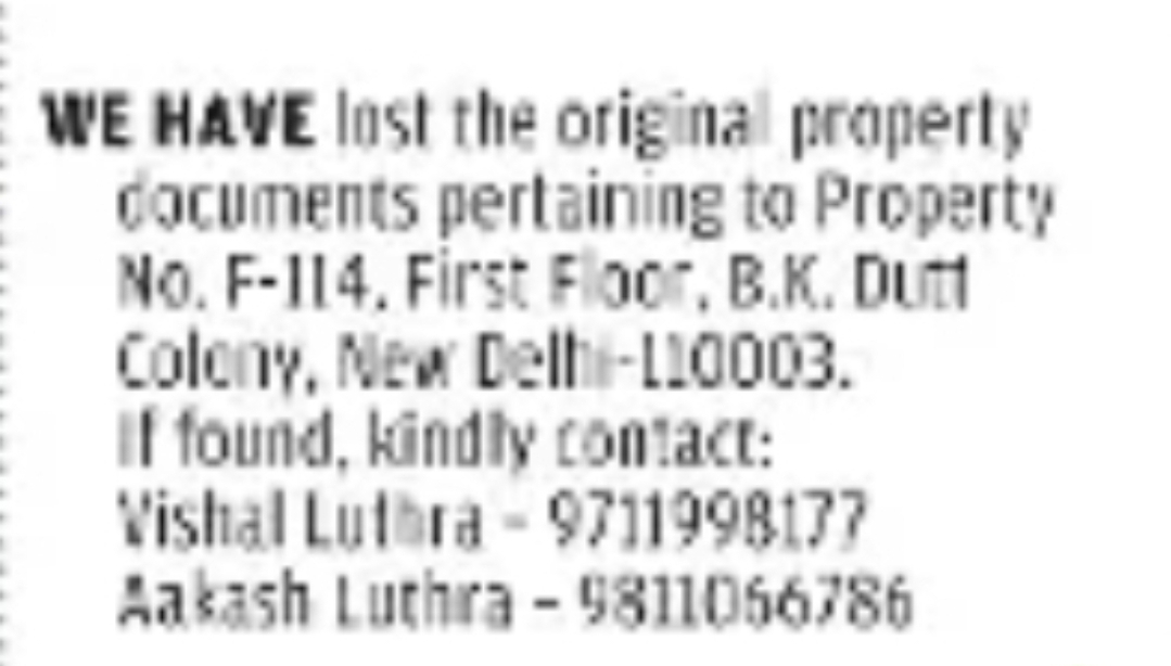 PUBLIC NOTICE – LOSS OF PROPERTY DOCUMENTS