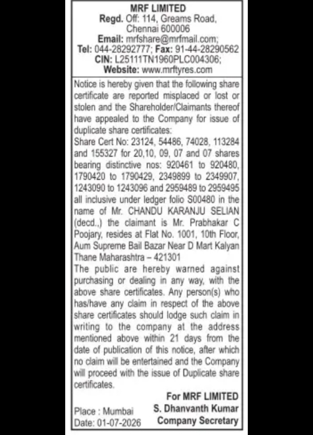 PUBLIC NOTICE – LOSS OF SHARE CERTIFICATES AND APPLICATION FOR DUPLICATE ISSUE