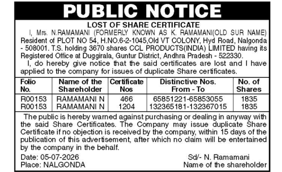 PUBLIC NOTICE – LOSS OF SHARE CERTIFICATES Mrs. N. Ramamani