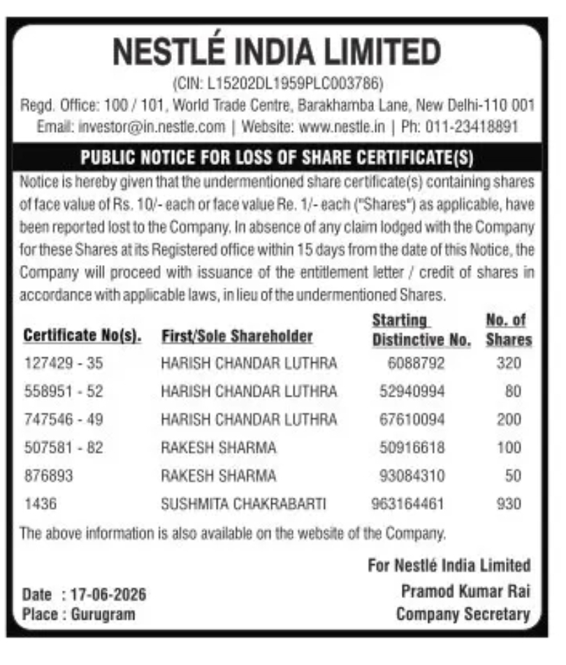 Public Notice – Loss of Share Certificates