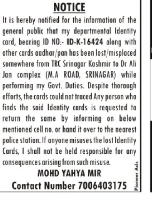 Public Notice – Lost Departmental Identity Card and Other Documents