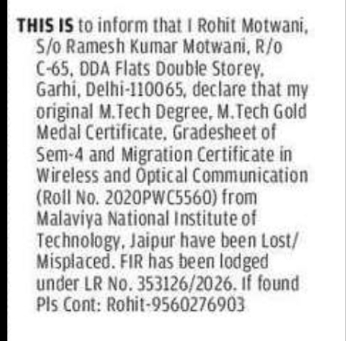 Public Notice – Lost Educational Documents (MNIT Jaipur)