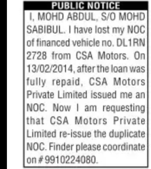 Public Notice – Lost NOC of Financed Vehicle