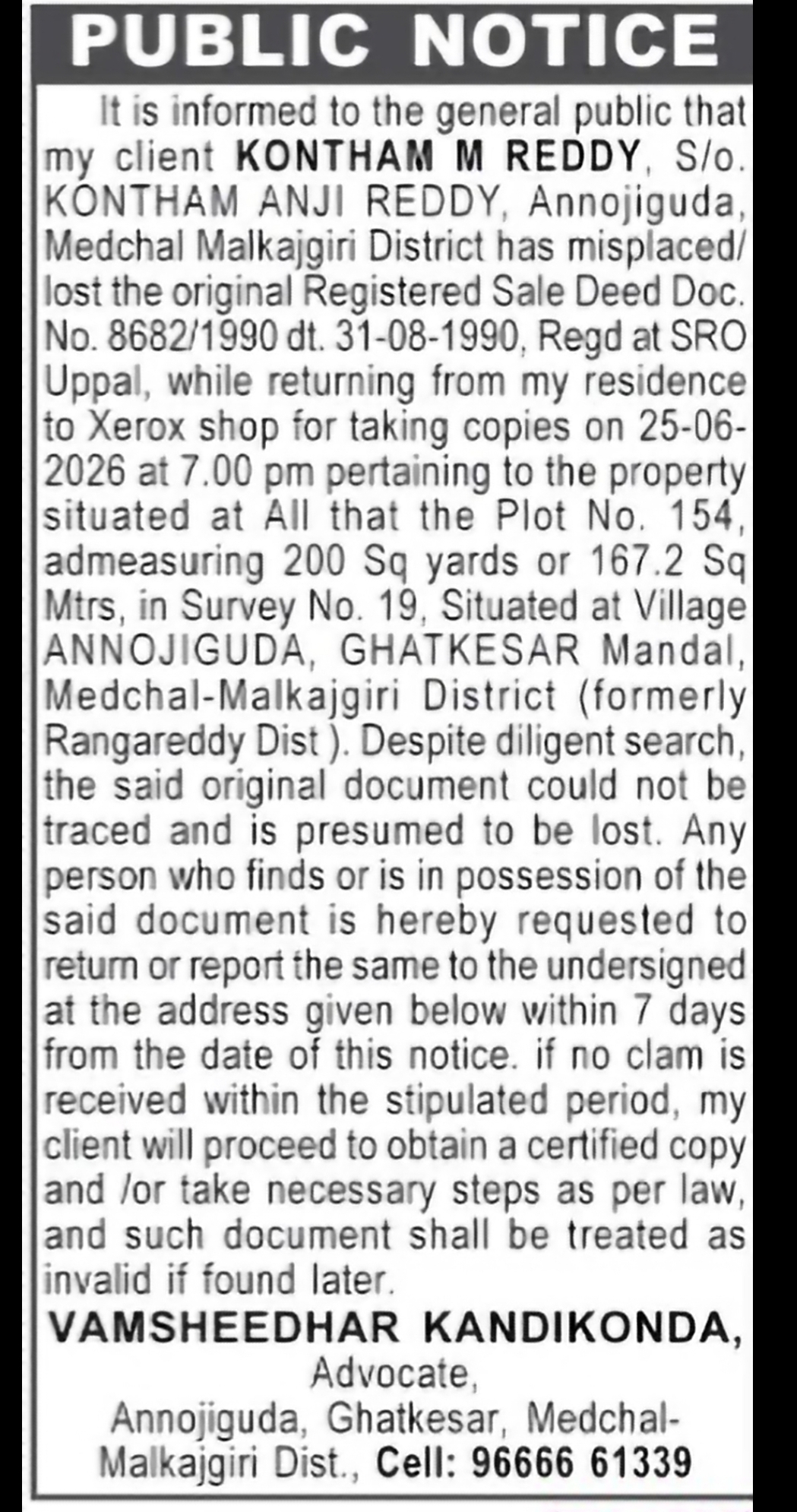 Public Notice – Lost Original Registered Sale Deed