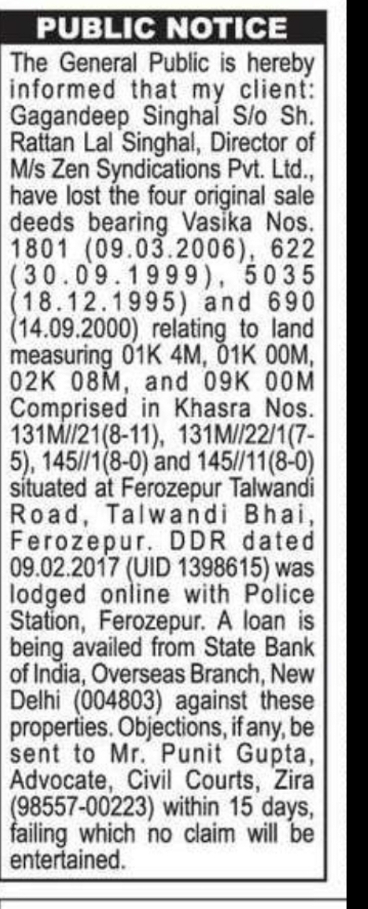 Public Notice – Lost Original Sale Deeds (Ferozepur Property)