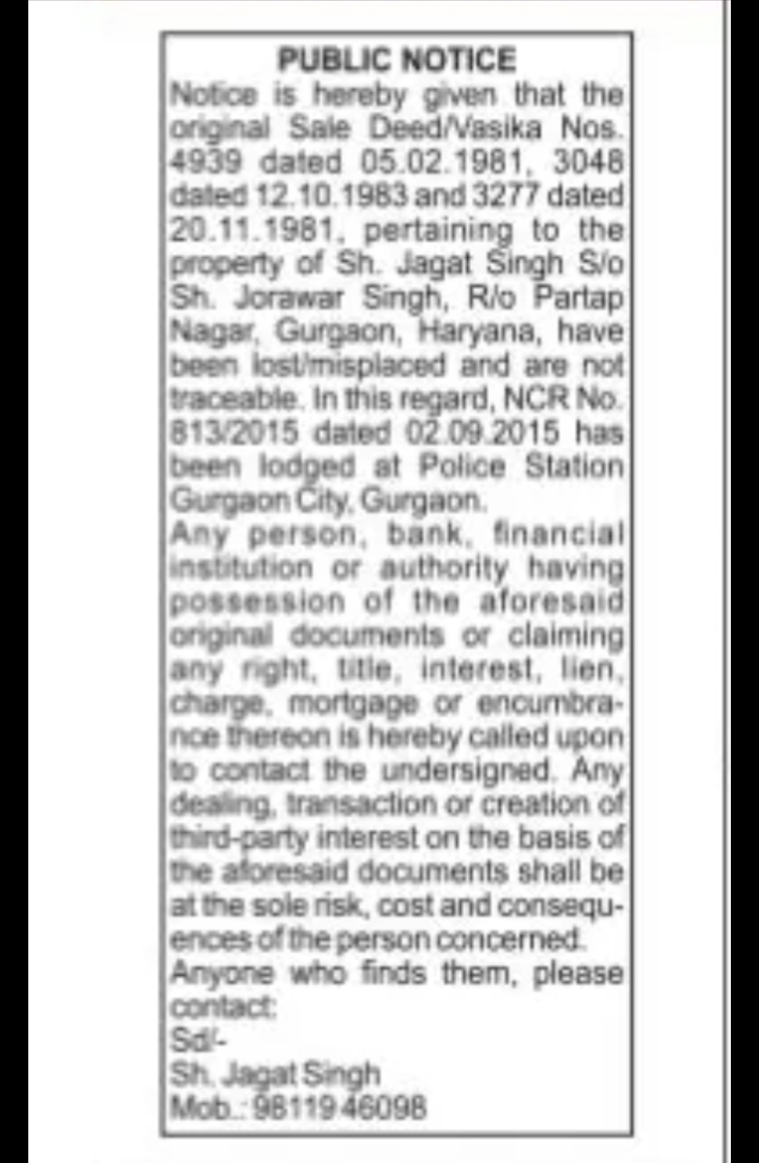 Public Notice – Lost Original Sale Deeds (Gurgaon, Haryana)