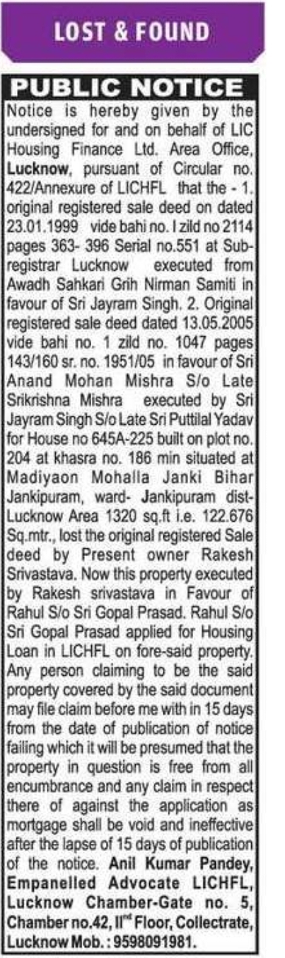 Public Notice – Lost Original Sale Deeds