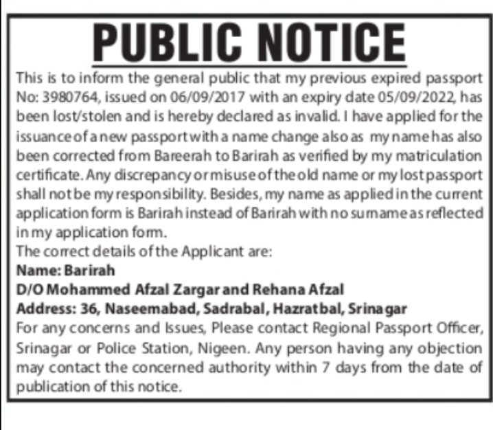 Public Notice – Lost Passport & Name Correction Bareerah to Barirah