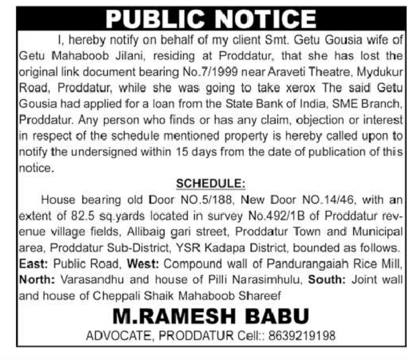 PUBLIC NOTICE – LOST PROPERTY DOCUMENT document bearing No. 7/1999