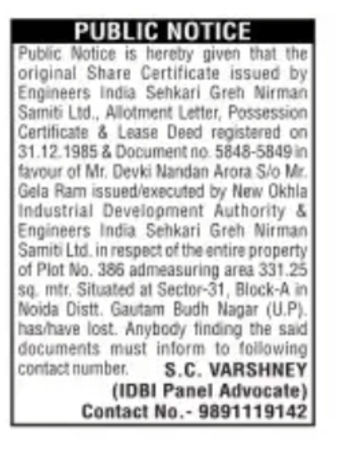 PUBLIC NOTICE – LOST PROPERTY DOCUMENTS Devki Nandan Arora