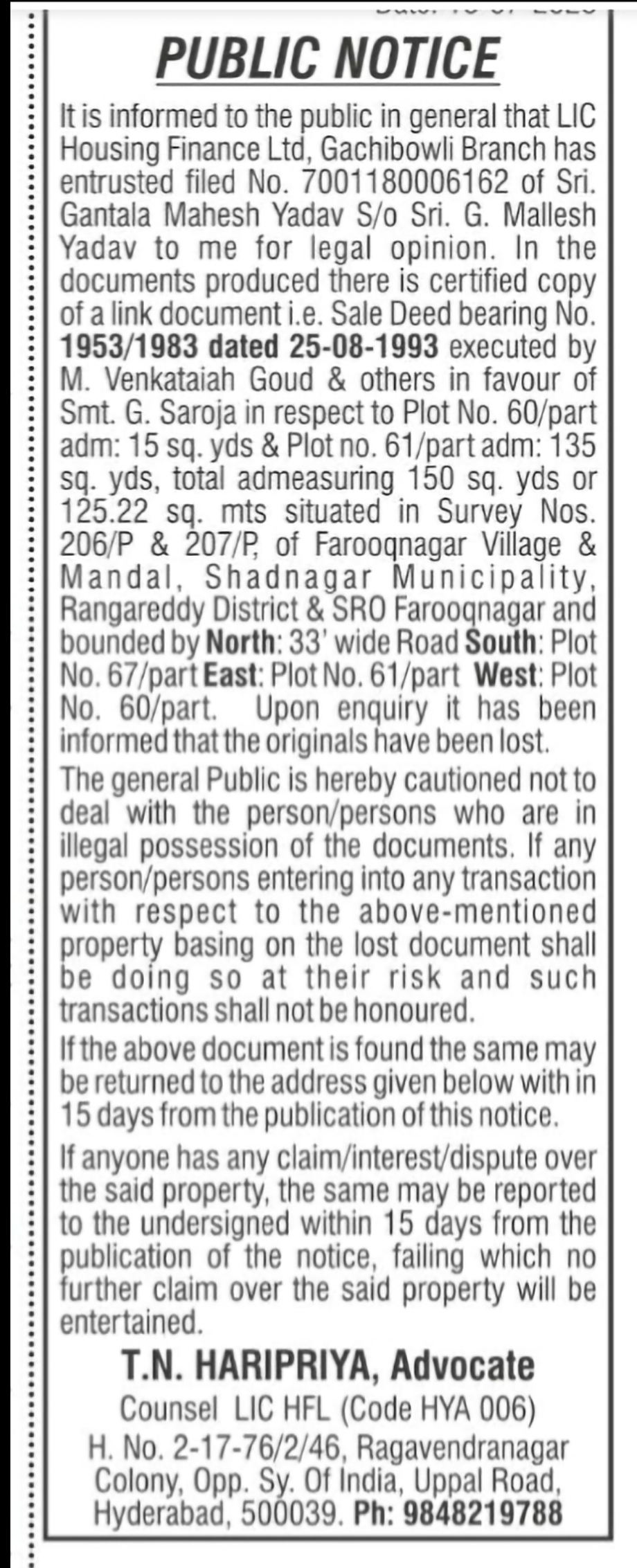 Public Notice – Lost Property Documents (Farooqnagar, Rangareddy)