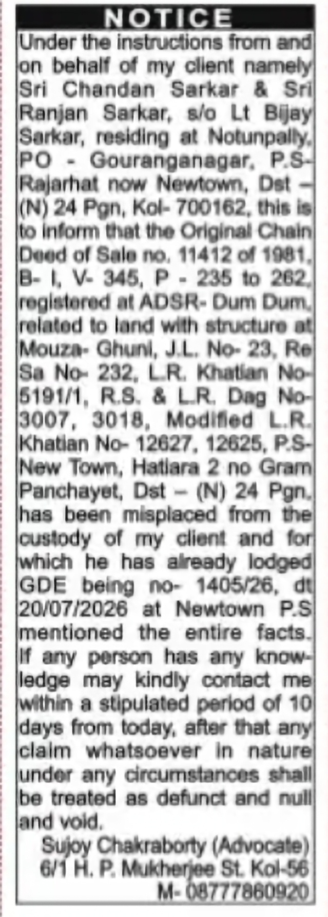 Public Notice – Lost Property Documents