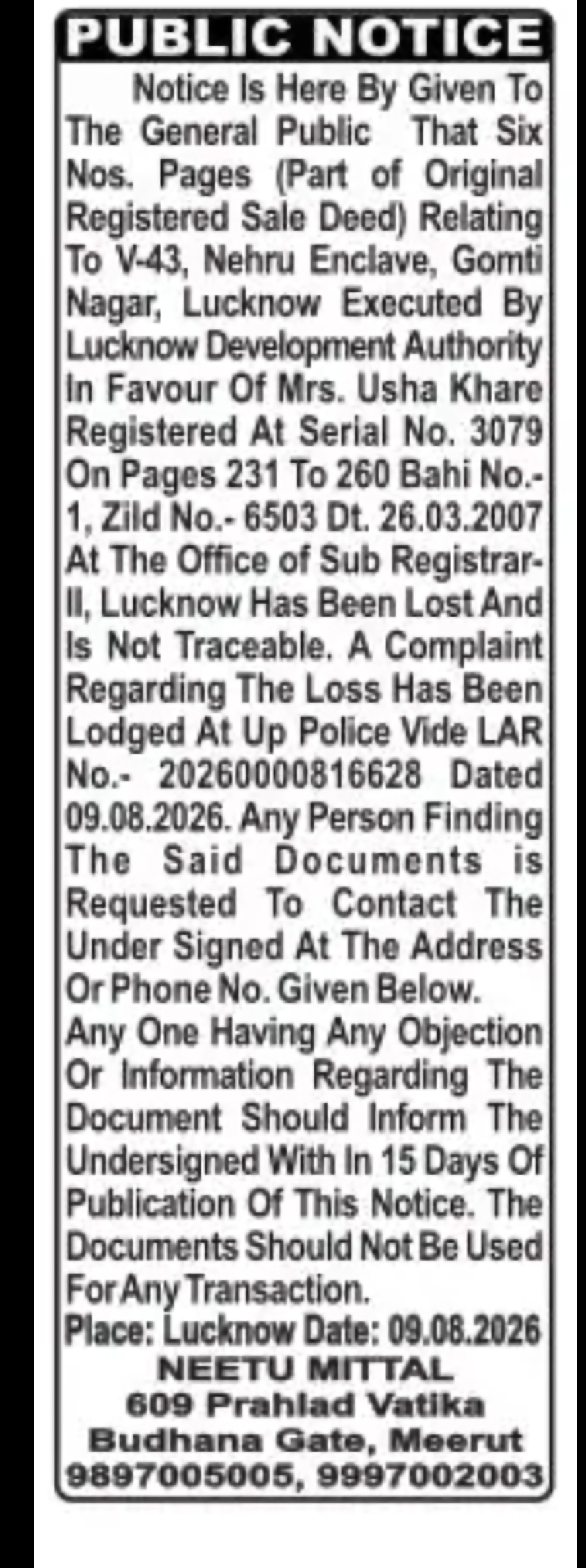 PUBLIC NOTICE – LOST PROPERTY DOCUMENTS