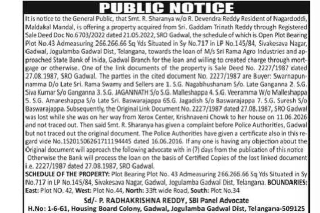 Public Notice – Lost Property Link Document & Mortgage Intimation