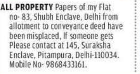 Public Notice – Misplaced Property Documents