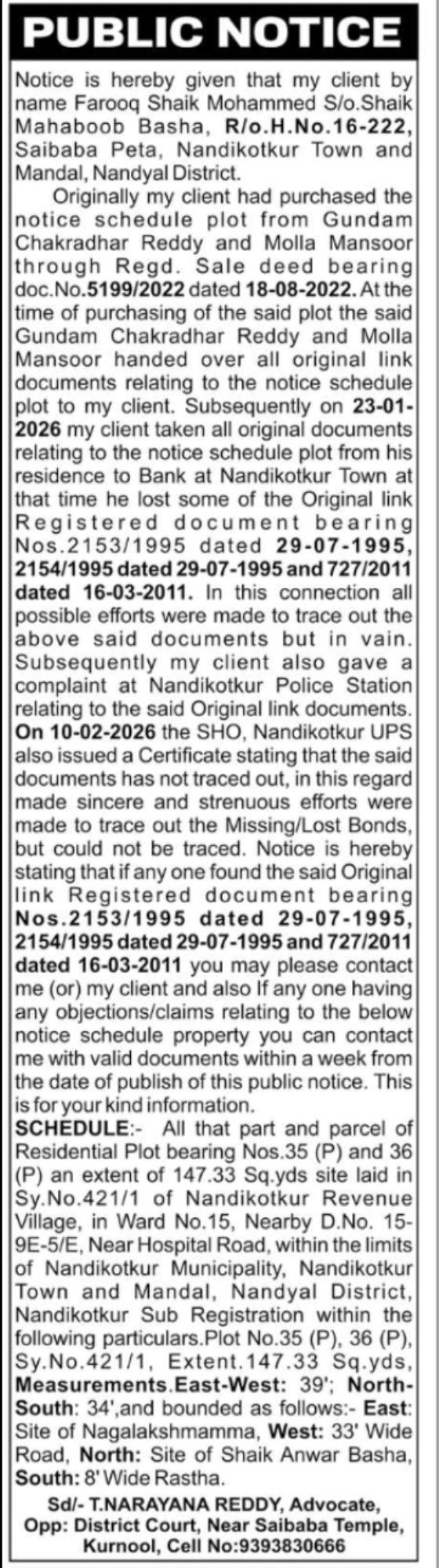 Public Notice – Missing Original Property Documents & Objection Notice Farooq Shaik Mohammed