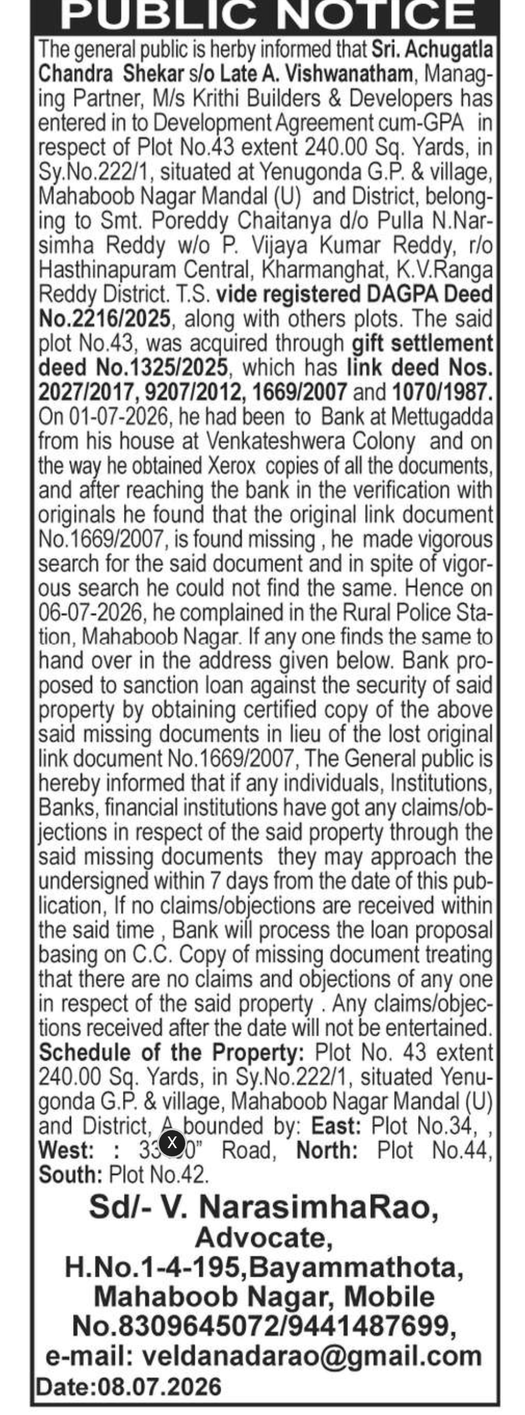 Public Notice – Missing Original Property Link Document & Invitation for Claims/ObjectionsDocument No. 1669/2007