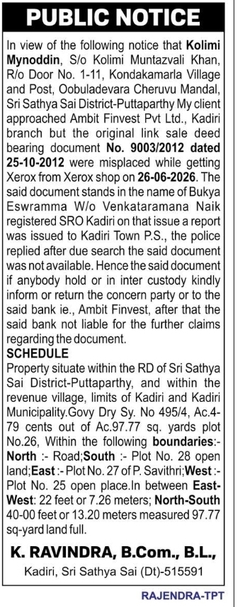 Public Notice – Missing Original Sale Deed Document