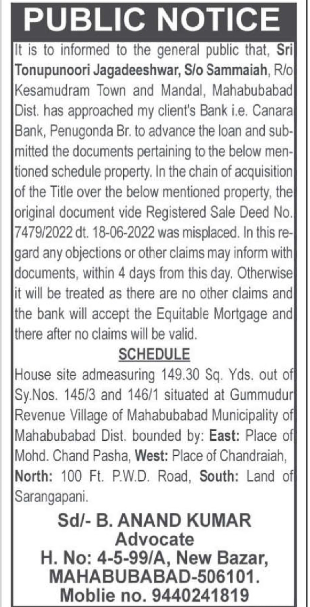 Public Notice – Missing Original Sale Deed