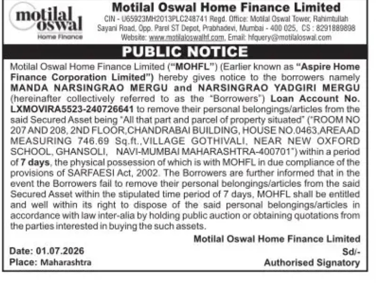 Public Notice – Motilal Oswal Home Finance Limited