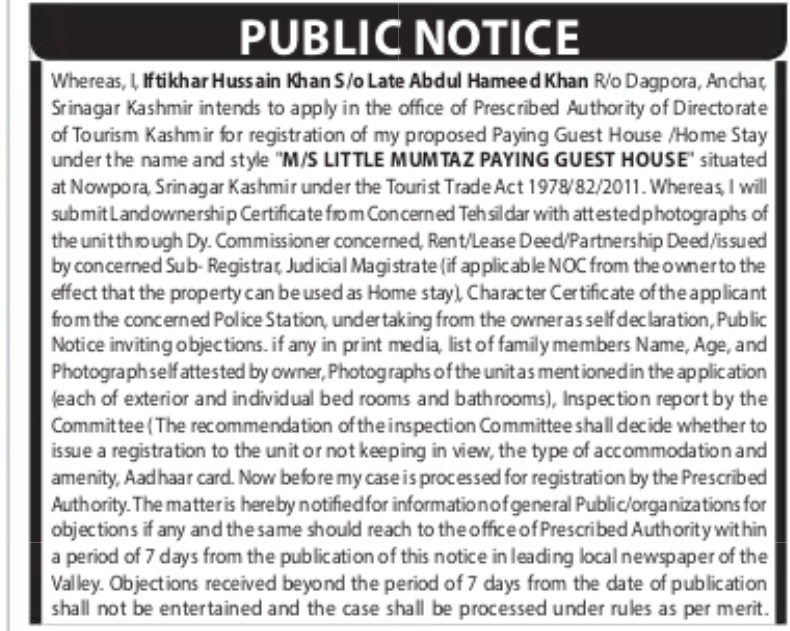 PUBLIC NOTICE – M/S LITTLE MUMTAZ PAYING GUEST HOUSE