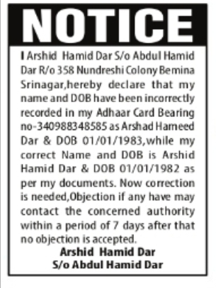 Public Notice – Name and Date of Birth Correction (Arshid Hamid Dar)