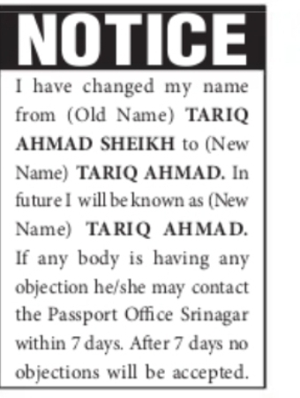 PUBLIC NOTICE – NAME CHANGE DECLARATION